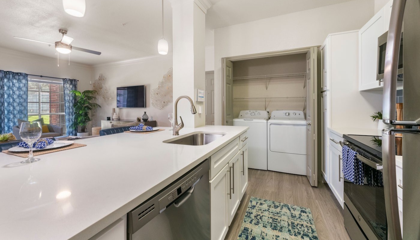 large kitchen with wood floors 
