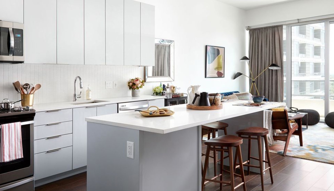 large kitchen with wood floors 