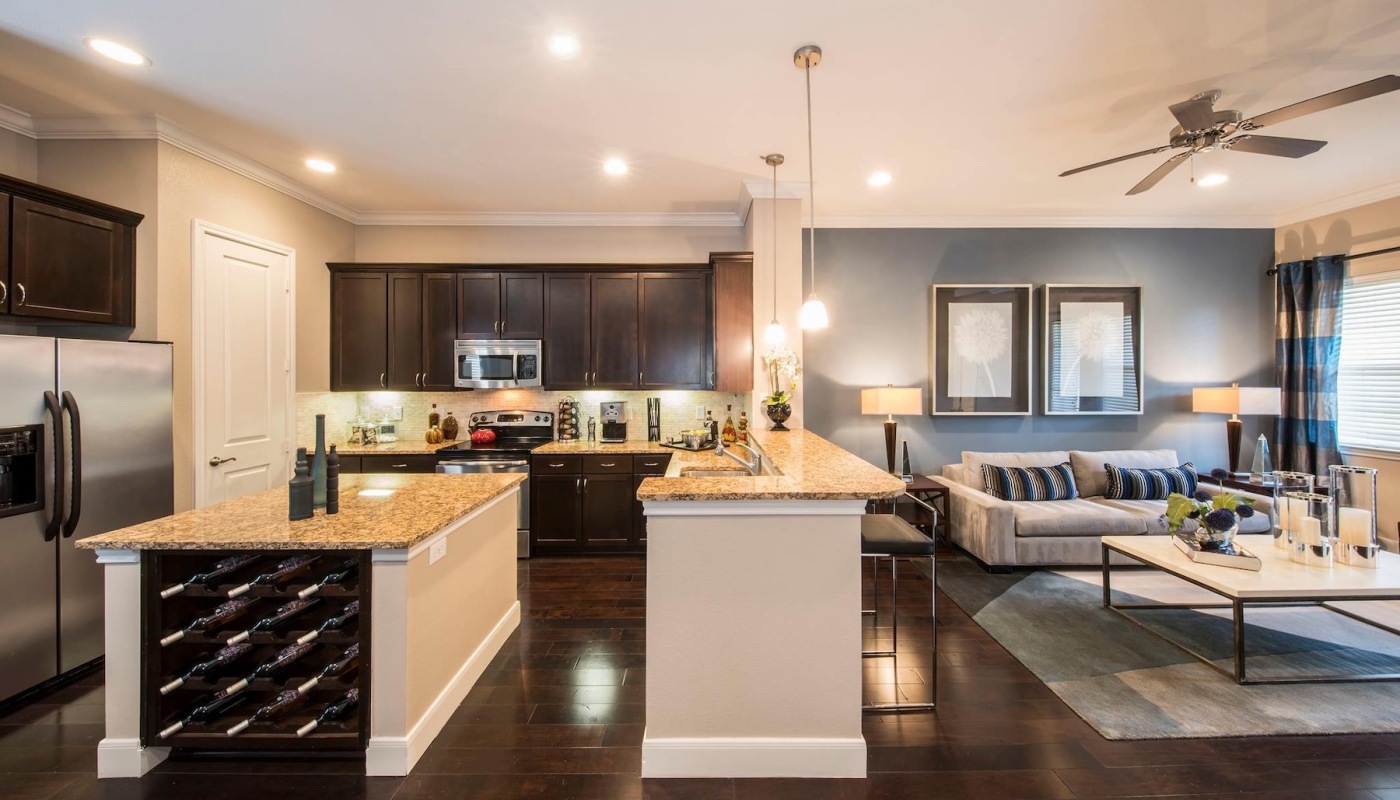 large kitchen with wood floors 